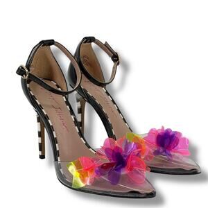 Betsey Johnson Landyn Neon Floral PVC Heels 6.5M Clear Striped Stiletto